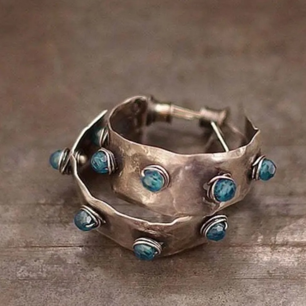 Hammered 9.25 Sterling Silver and Apatite Hoop Earrings